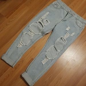 Boyfriend fit distressed light blue denim jeans